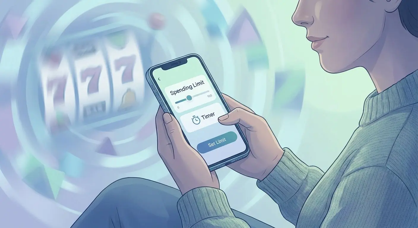 Player setting account limits on a phone with gaming interface in the background