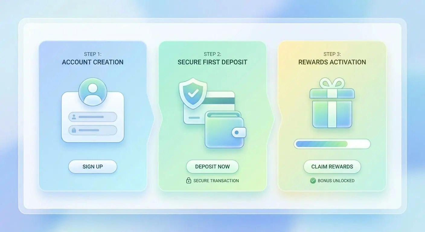 How to Claim the Welcome Bonus Three-step flow for registration deposit and welcome perks