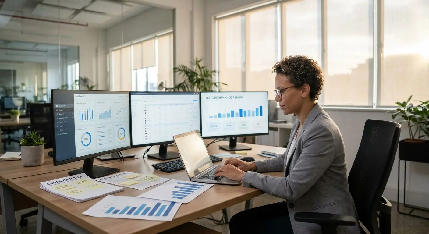Fictional analyst reviewing campaign data at a laptop in an office