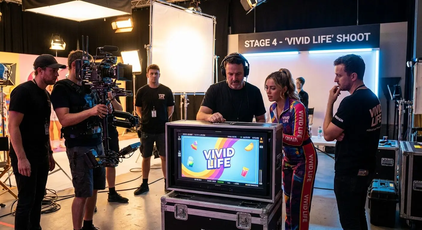 Behind the scenes of a commercial shoot with crew and actress reviewing footage