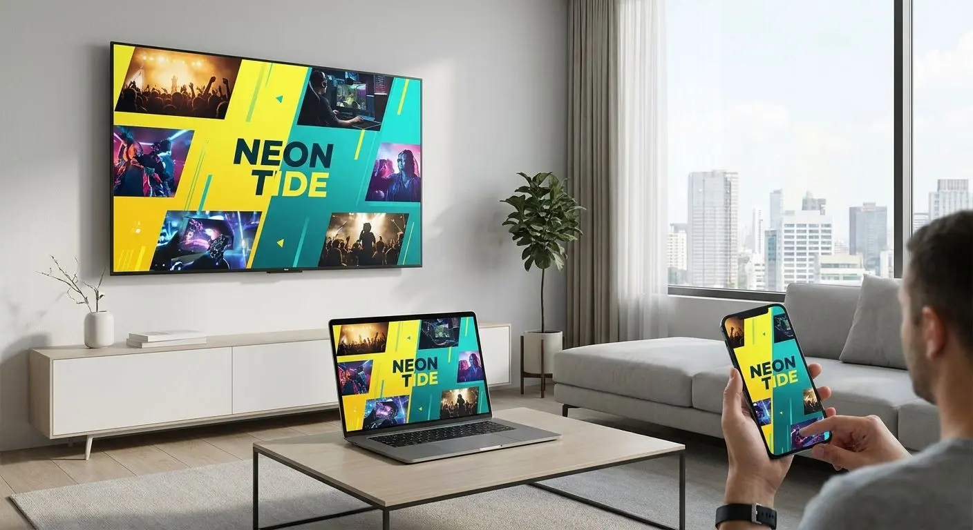 Collage of a brand advert displayed on TV, laptop, and smartphone screens