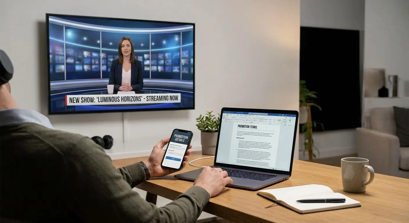 Adult user reading promotion terms while watching a PlayOJO-style advert clip