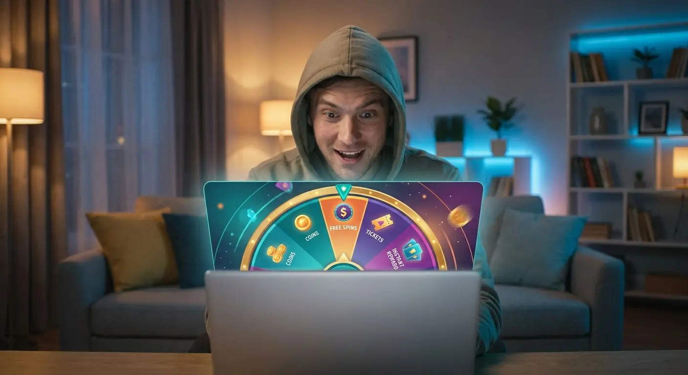 Player viewing a colourful Prize Twister rewards wheel on screen