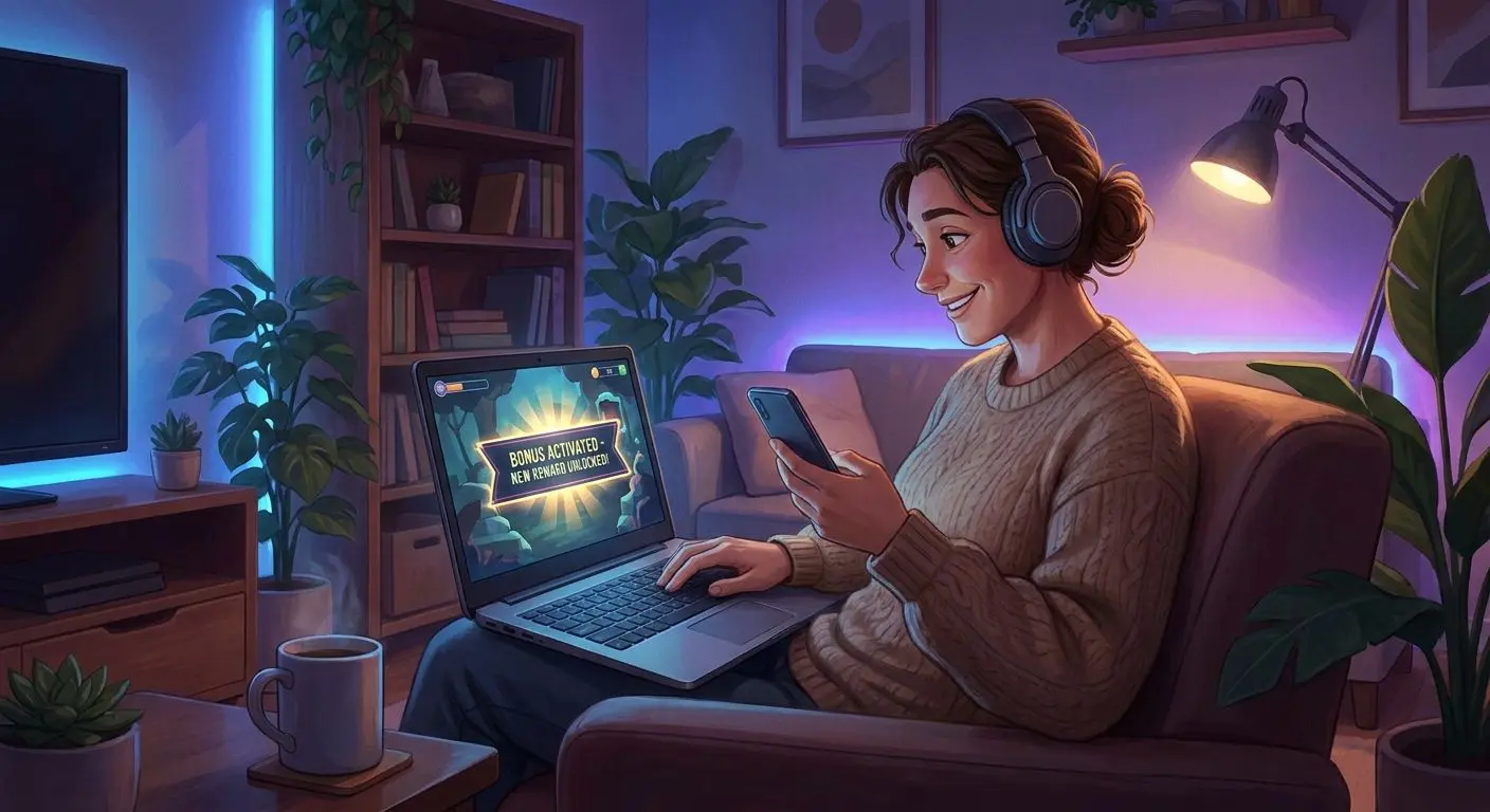 Player using laptop with activated no deposit bonus style notification